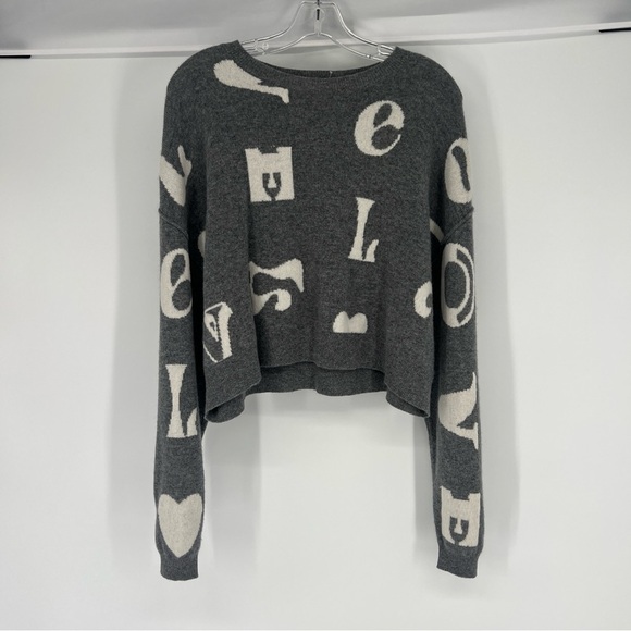 Pilcro Alani Love Print Gray Graphic 100% Cashmere Relaxed Mock Neck Sweater S - Picture 2 of 7